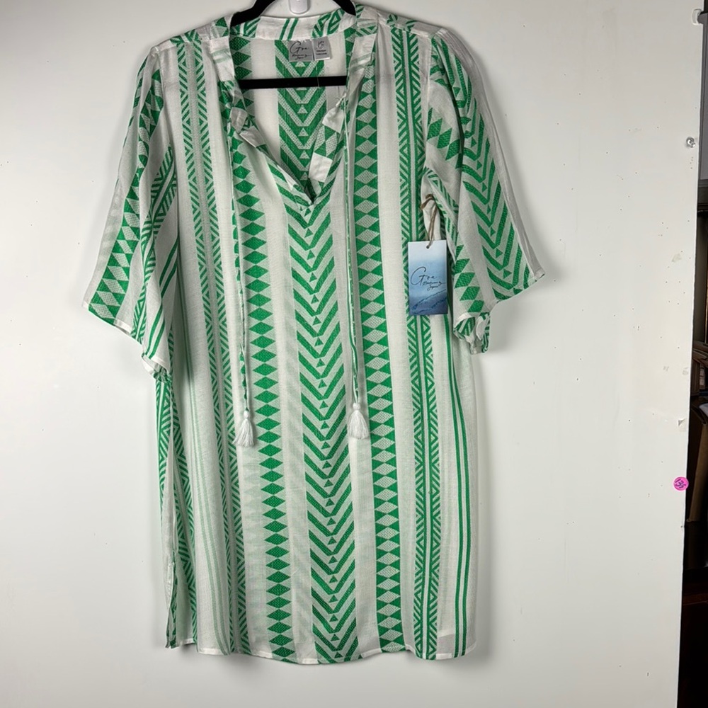 BEACH WEAR BY JAPNA SZ XS GREEN&WHITE GEO DESIGN NWT V NECK TASSELS SIDE SLITS